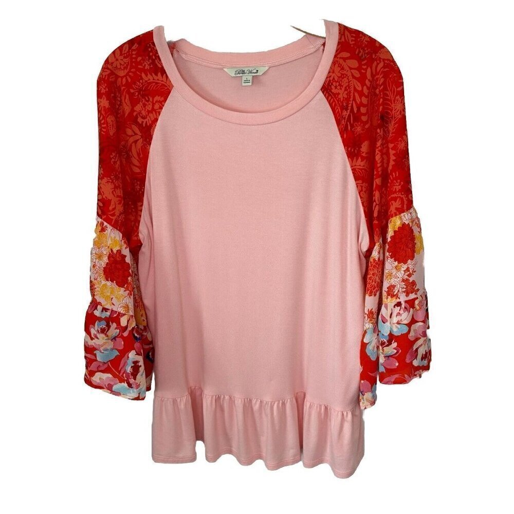 Pioneer Woman Top Large Pink Print Peplum‎ Multi Tier Bell Sleeve Boho Cottage